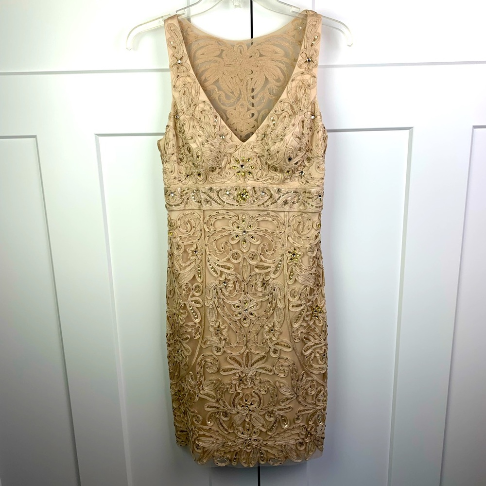Sue Wong Beige Embroidered Midi Dress